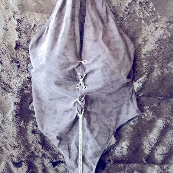 Pewter Ultra Suede One Piece Halter Bathing Suit M - Picture 1 of 5